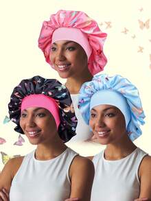 1pc Satin Butterfly Print Sleep Cap, Suitable For Wigs Straight/Curly Hair, Adjustable Pleated Double Layer Non-Slip Satin Sleep Cap, Hair Care - 60 Lace Hat - View 9