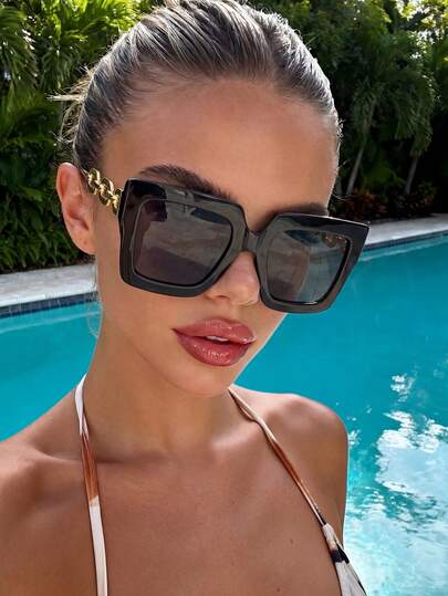 1 Pair Unisex Square Black Frame Chain Arm Design Fashionable Sunglasses, Suitable For Summer Beach Vacation, Party Style, Music Festival, Outdoor Travel And Beach Accessories, Basic Business Casual Gift For Women In Autumn/Winter, Suitable For Summer Beach Vacation And Outdoor Travel