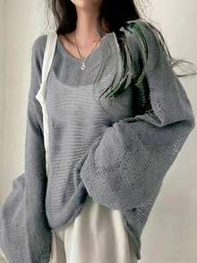 Casual Solid Color Round Neck Long Sleeve Loose Knit Sweater Spring - Grey - View 3