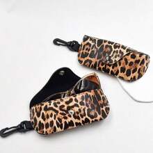 1pc Fashion Leopard Print Eyeglass Case, Soft Eyewear Storage Box, Suitable For Car, Unisex, With Hanging Hook (Leopard Print Pattern Random) - Multicolor - View 1
