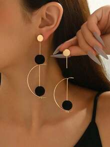 1 Pair Retro Minimalist Versatile Long Geometric Half-Circle Rotatable Earrings With Black Ball Pendant, Suitable Women's Daily Wear, Festivals, Parties, Holidays, Family/Friends - 金+黑 - 查看 1