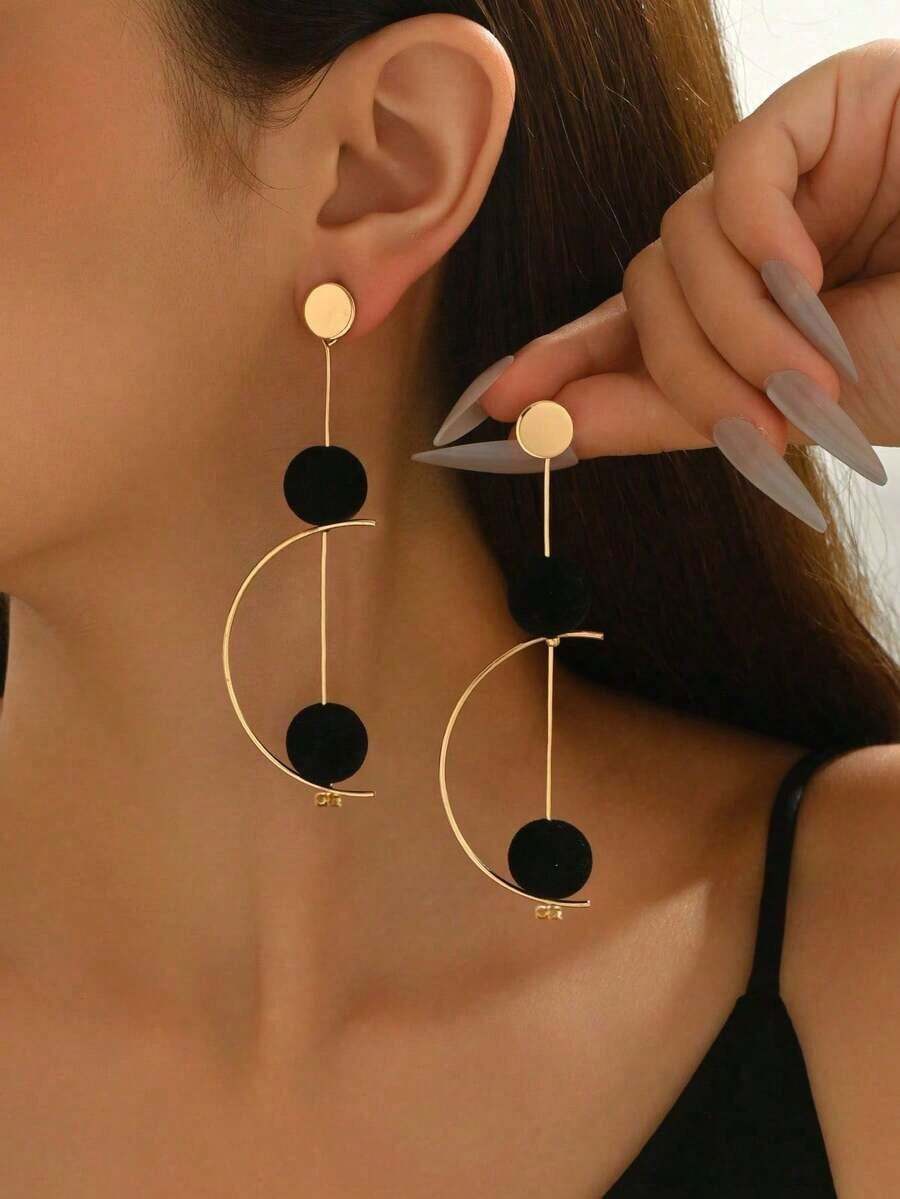 1 Pair Retro Minimalist Versatile Long Geometric Half-Circle Rotatable Earrings With Black Ball Pendant, Suitable Women's Daily Wear, Festivals, Parties, Holidays, Family/Friends - 金+黑 - 查看 1