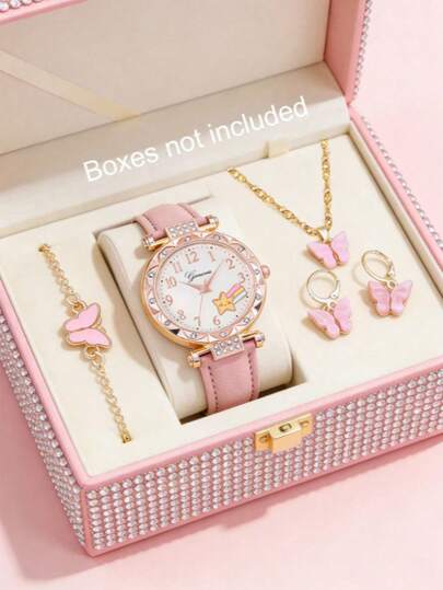 5pcs/Set Women's Elegant Fashion Delicate Round Starfish Dial Quartz Watches, Matched With Butterfly Bracelet Necklace Earrings, Suitable For Women's Daily Wear, Women's Jewelry, Birthday/Holiday Gift, Party/Vacation Decoration, Perfect Gift For Women On Valentine's Day/Mother's Day
