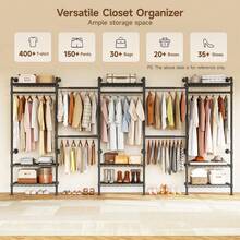 ONBRILL L5 Wall Mounted Closet System, Adjustable Industrial Pipe Clothes Rack Clothing Racks With 4 Telescopic Rods & 3 Fixing Rods & 9 Shelves, Heavy Duty Closet Organizers And Storage For Hanging Clothes, Black - L5 Black - 查看 9