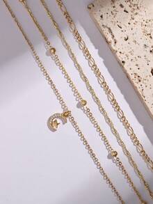 Nooxian 4pcs/Set Bohemian Beach Resort Micro-Inlaid Zirconia Star & Moon Pendant Multi-Layer Anklet, Suitable For Women Holiday Casual Wear (Bead Quantity Random) - Yellow Gold - View 4