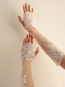 1 Paar elegante lange fingerlose Spitzenhandschuhe für Damen, geeignet für Hochzeit, Braut, Abendkleid Accessoires - Weiss - Übersicht 6