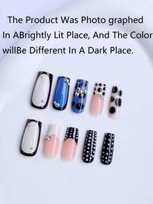24片装长方形亚克力美甲礼盒，春夏小众独特牛奶质感美甲，黑白波点法式边饰搭配金属珠，甜美酷炫的Y2K风格，可拆卸可重复使用，适合女孩、女士在节日、派对和日常佩戴。百搭风格，可搭配任何服饰。内含：假指甲、果冻胶、指甲锉各一把。 - 彩色 - 查看 5