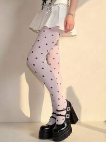 1 Pair Of Black Polka Dot Cute Women's Thin Pantyhose, Breathable Polka Dot Pattern Long Tube Socks, Comfortable - Multicolor - View 4