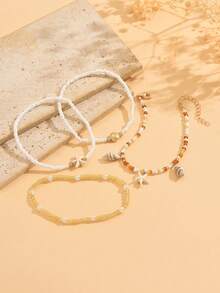 4pcs/Set Summer Bohemian Ocean Style Beaded Shell Anklet, Fashionable Alloy Shell Decor Foot Jewelry For Women, Suitable For Daily Wear And Beach Party. The Shape, Size And Surface Pattern Of The Shells Are Random. - Multicolor - View 3