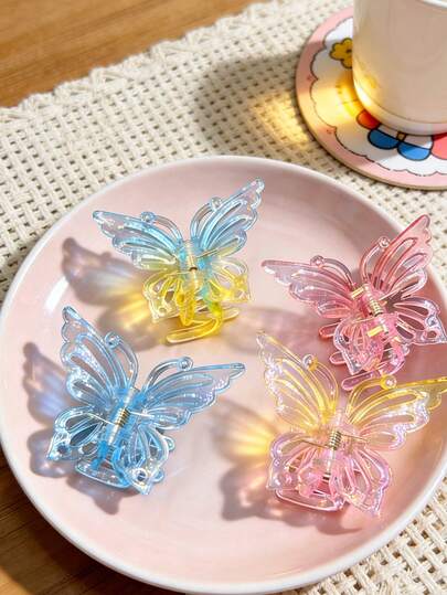 4件套 Y2K美学渐变色蝴蝶发夹，闪亮透明亚克力镂空强力夹子，甜美仙气发饰，适合女性、女孩日常、派对、度假礼物