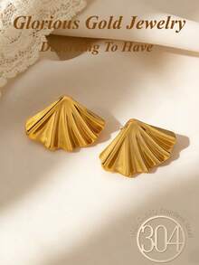 2pcs Gold-Tone Clip-On Earrings, Creative Asymmetrical Folding Leaf Design, 18K Gold Plated, Minimalist Fan-Shaped Textured Pendant Earrings, Suitable As Casual Jewelry Gift For Women - Gold - View 2