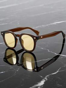 1pc New Retro Rivet Small Frame PC Decorative Fashion Glasses, Minimalist Versatile High-End Unisex Fashion Glasses For Driving & UV Protection - Coffee Brown - View 7