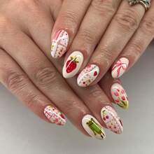 24pcs Short Round Press On Fake Nails Pink Flower French Fake Nails Women Spring Nails - Multicolor - View 1