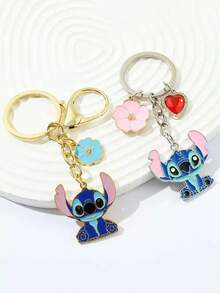 Disney, 1pc Cute Stitch Metal Keychain: A Cartoon Stitch Keychain Featuring A Flower Pendant, Perfect As An Accessory For Travel Backpacks. Ideal For Attaching To Bags And Keys, It Makes An Excellent Valentine's Day Gift For Your Partner! - Multicolor - View 4