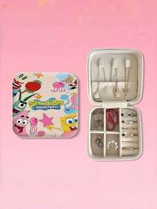 SpongeBob SquarePants 1 pieza Caja de joyería de cuero con 4 compartimentos con temática de Bob Esponja, caja de almacenamiento de joyería de escritorio de lujo con múltiples compartimentos, ranuras para tarjetas y estilo de anime de Bob Esponja en colores aleatorios, caja de almacenamiento portátil y apilable para joyas, pendientes, collares, pulseras y accesorios, caja de almacenamiento esencial para damas - Multicolor - Ver 6