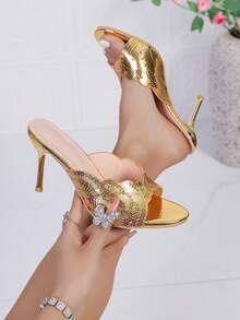 Sandalias de tacón alto para mujer, con estampado dorado en estilo de playa, de elegante piel de PU, con adorno de volantes/esponjoso, adecuadas para vacaciones de verano, fiestas, días festivos y la oficina. Una opción de moda de verano versátil. - Dorado - Ver 3