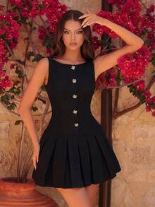 Elegant Boat Neck Button High Waist Pleated Mini Skirt, Suitable For Parties, Birthdays, Galas, Family Gatherings, Wedding Guests, Cocktail Events - Black - View 5