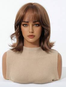 14 Inch Chestnut Brown Short Layered Wavy Bob Wigs For Women With Neat Air Bangs Upturned Ends Heat Resistant Synthetic Fiber Soft Natural Glueless Hair Replacement Wig For Daily Use Party Cosplay Halloween Photo Shoot - Rust Brown - View 6