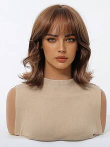 14 Inch Chestnut Brown Short Layered Wavy Bob Wigs For Women With Neat Air Bangs Upturned Ends Heat Resistant Synthetic Fiber Soft Natural Glueless Hair Replacement Wig For Daily Use Party Cosplay Halloween Photo Shoot - Rust Brown - View 4