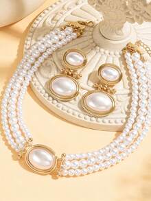 2pcs Vintage Multi-Layer Beaded Choker Necklace & Oval Earrings Set, European And American Style Faux Pearl Jewelry - Golden Yellow+White - View 4