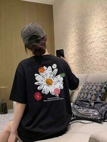Áo thun nữ dáng rộng cổ tròn tay ngắn in chữ và hoa, màu đen, thích hợp mặc mùa xuân/hè. - màu đen - Xem 2