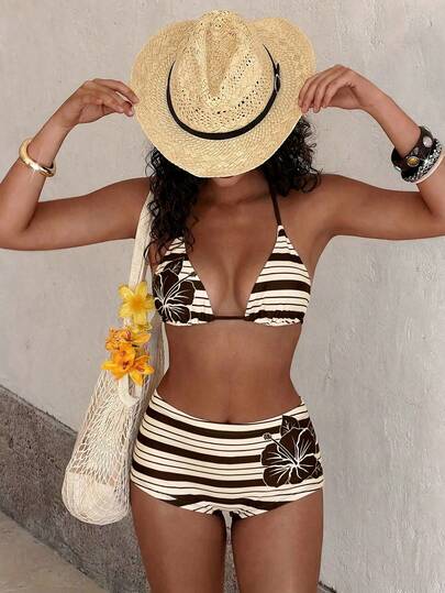 PEPPERMOLLY Fashionable Floral Swimsuit: Black Lotus Pattern Camisole Bikini Top + High-Waisted Swim Bottoms - Stylish & Comfortable Swimwear Set For Summer Vacation, Beach, Resort