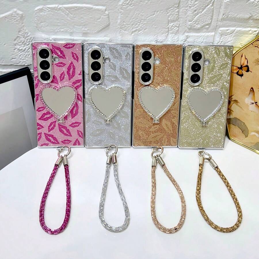 1个女士手机壳，保护套，电镀闪粉嘴唇和爱心图案，带挂绳，可爱时尚，个性化设计，配有可拆卸挂绳，适用于三星Galaxy Z Fold 7、Z Fold 6、Z Fold 5、Z Fold 4、Galaxy Z Flip7、Z FE、Z Flip6、Z Flip5