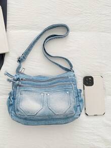 New Casual Chic Soft Jeans Multi-Layer Crossbody Bag With Multiple Pockets, Versatile Commuter Large Capacity Women's Shoulder Bag, Suitable For Work Commuting, Shopping And Traveling. - Màu xanh lam - Xem 8