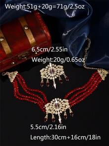 1 Set Gold Plated Crystal Choker Necklace & Maang Tikka Set With Detachable Brooch, Pakistani Bridal Jewelry For Party & Wedding - Gold - View 9