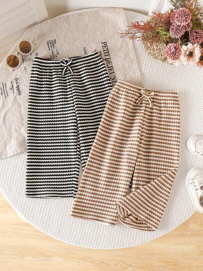 2pcs Baby Girls' Casual Striped Knit High Waist Bow Design Wide Leg Pants Set, Suitable For Home & Outdoor Wear, Spring/Summer
