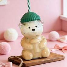 玻璃卡通熊吸管杯，果汁冷饮杯，牛奶咖啡杯，圣诞帽图案 - 綠色 - 查看 3