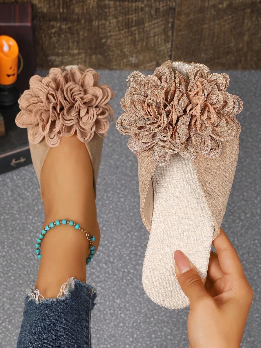 1 đôi dép xăng đan đế bằng nữ, dép lê đế bằng mũi tròn màu kaki thời trang ngoài trời, dép xỏ ngón hở mũi với họa tiết hoa lớn, gót thấp, thoải mái, nhẹ, thích hợp cho mùa xuân, hè, thu, đông, đám cưới, công sở, trường học, ký túc xá, kỳ nghỉ, bãi biển, nhà. - Màu Khaki - Xem 1