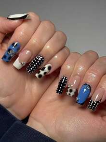 24片装长方形亚克力美甲礼盒，春夏小众独特牛奶质感美甲，黑白波点法式边饰搭配金属珠，甜美酷炫的Y2K风格，可拆卸可重复使用，适合女孩、女士在节日、派对和日常佩戴。百搭风格，可搭配任何服饰。内含：假指甲、果冻胶、指甲锉各一把。 - 彩色 - 查看 2