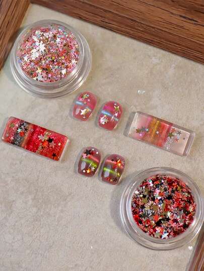 2 piezas Pegatinas de arte de uñas con forma de estrella en rojo y colores mixtos, decoraciones de uñas con estrellas de colores variados, joyería para uñas DIY, suministros de arte de uñas, gemas para uñas, estilo de uñas DIY