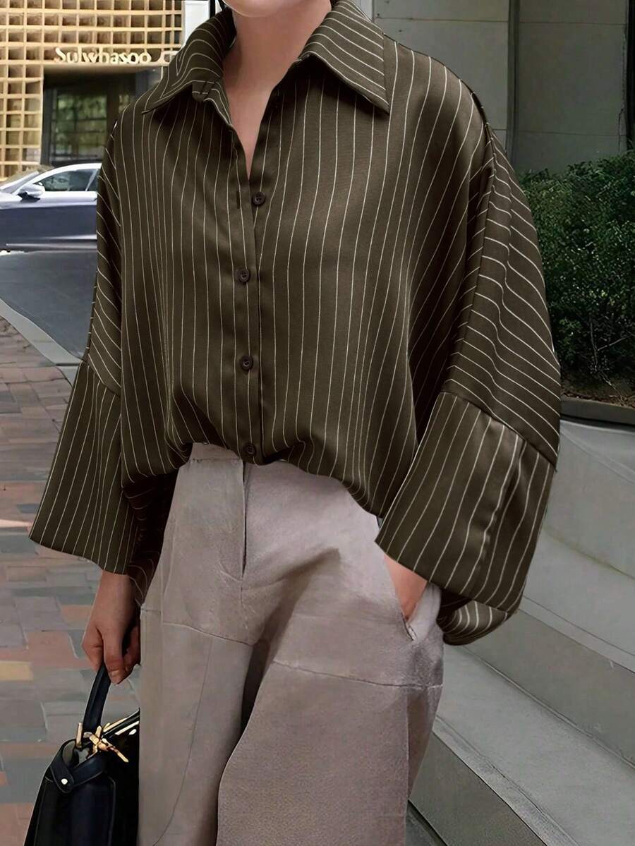 宽松条纹蝙蝠袖休闲优雅军绿色女式衬衫，适合日常、外出和度假穿着，春夏款