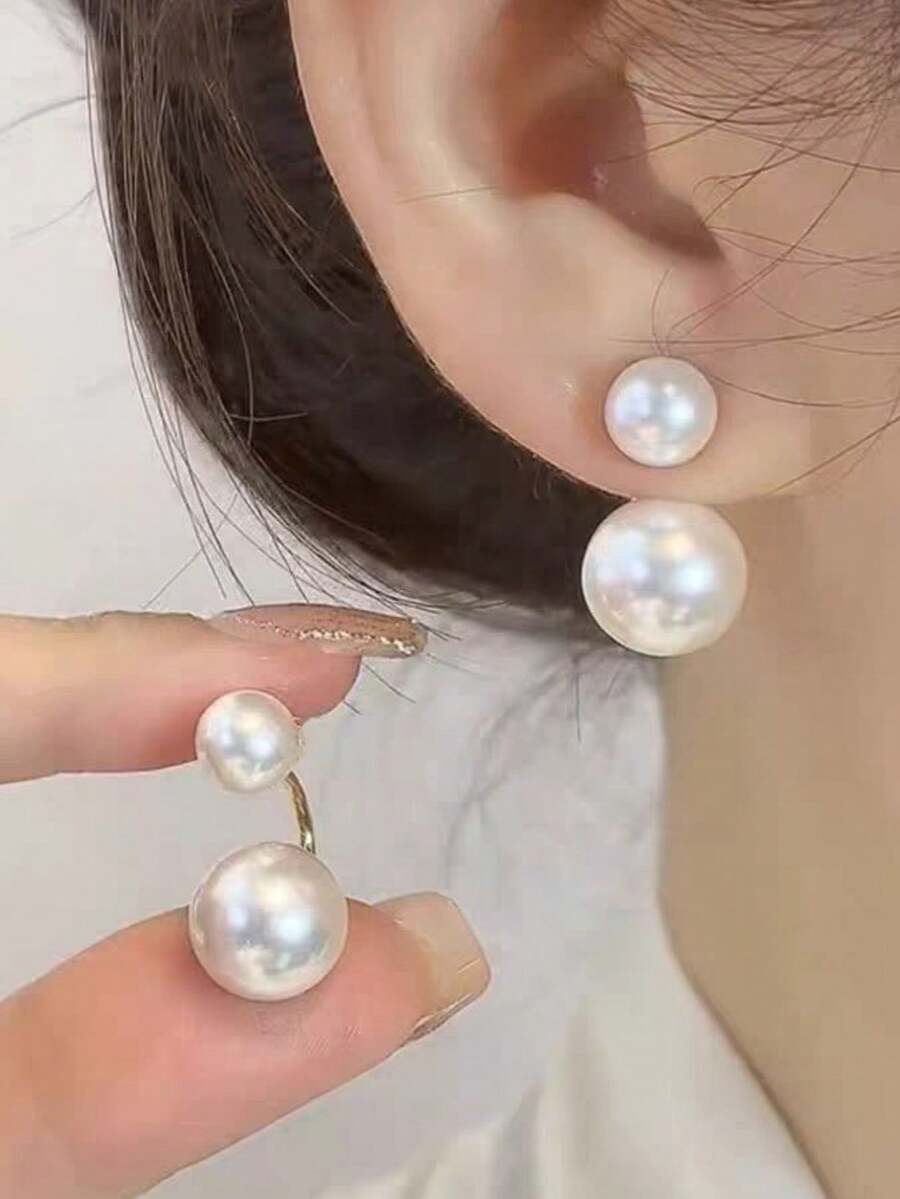 1 对女士仿珍珠耳环,精致的法式设计,精致的风格,适合女士佩戴,是送给女朋友和最好的朋友的绝佳礼物 - 白色 - 查看 1