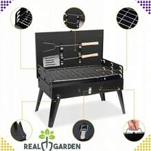 Barbacoa de carbón portátil y plegable tipo maleta con soporte y juego de cubiertos, barbacoa compacta para exteriores, ideal para acampar y hacer picnics. - A - Ver 8