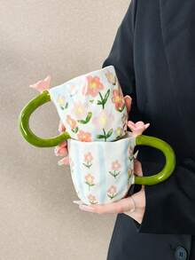 Cốc sứ vẽ tay hình dáng bất đối xứng mới, trang trí hoa hồng 3D và quai xanh, chất lượng cao, thích hợp làm quà tặng tại nhà, văn phòng, dịp lễ, sinh nhật, ngày Valentine, ngày của Mẹ. - Nhiều màu - Xem 3