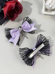 2pcs Gothic Style Dark-Colored Crystal Cross & Bow Hair Clips, Suitable For Holiday Outfits And Daily Wear For Gothic Fashion Enthusiasts,Summer,Travel,Festival,Party - Black Purple - View 3