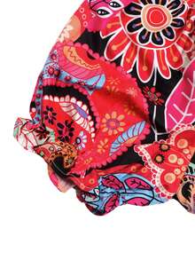 Bohemian Style V-Neck Printed High Slit Dress, Women's Casual Long Dress For Summer Elegant Vacation - Hot Pink - View 8