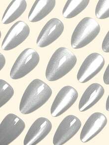 30片装按压式美甲，短款杏仁法式美甲，Y2K冷灰色美甲，羽毛猫眼美甲，可重复使用，亚克力材质，假指甲用品，赠送24片果冻贴片和迷你指甲锉。 - 淺灰色 - 查看 3