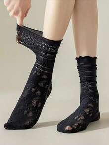 Hart & Haze 1 Pair/3 Pairs Women's Thin Japanese JK Style Mary Jane Lace Mesh Breathable Floral Crew Socks, Suitable For Spring/Summer Wear With Loafers - Multicolor - View 6