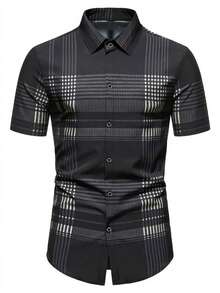 Men's Casual Plaid Front Button Short Sleeve Shirt, Summer - Black - View 3