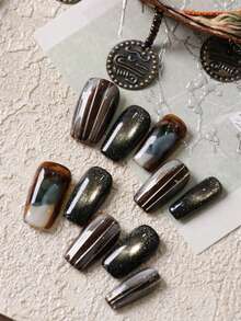 10片装美甲贴片，棕色猫眼光晕金色竖线短款假指甲套装，包含1张粘性贴纸和1个迷你指甲锉。 - 彩色 - 查看 3