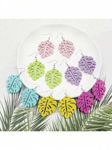6pcs/Set Wooden Earring Set - Colorful Hollow Leaf And Geometric Pendant Design, Suitable For Spring/Summer Vacation And Casual Outfits - Light Color - View 14