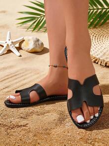 1 Pair Women's Open Toe Flat Sandals, Hollow Design, Casual & Lightweight, Black, Summer - Black - View 4