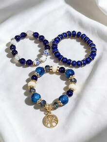 Pulsera personalizada de 3 capas, pulsera elástica multicapa con cuentas de vidrio de colores y textura cerámica, accesorios clásicos - Multicolor - Ver 6