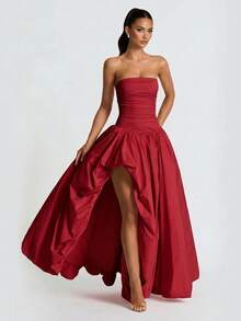 优雅性感露背高开衩无肩带连衣裙，适合夜间外出、周年纪念、毕业派对、正式晚宴及其他场合。 - 紅色 - 查看 4