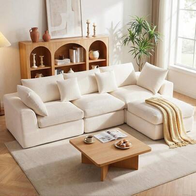 2 Seater,3 Seater,7 Seater Sofa With Movable Ottoman,Sofa Corduroy Love Seat Cloud Couch For Living Room, L-Shaped Convertible Sofa,Boneless Loveseats Sofa Boneless Couch With Comfy Deep Seat,2 Pillows,Upholstered Wide Armrests, Cloud Couch Sofa In Box For Living Room Bedroom Office Apartment,With 2 Pillows,No Assembly Required, Corduroy,Beige