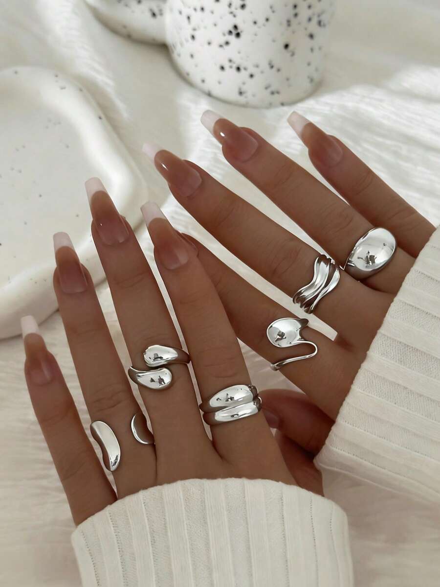 6 piezas Anillos de gota asimétrica personalizada de oro líquido liso, anillos de moda versátiles y exclusivos para mujeres - Plateado - Ver 1